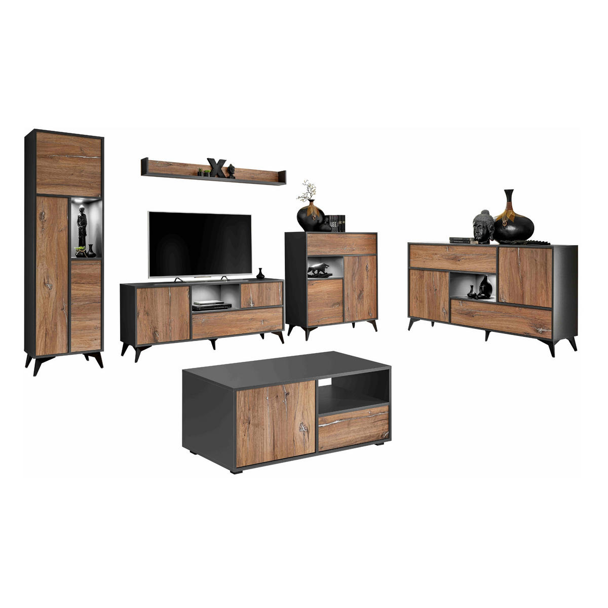 WOHNZIMMERSET ORVIETO Collection, Set aus 6 Wohnzimmermöbeln, Eiche, Anthrazit, Weiß LED Beleuchtung - Eichefarben/Anthrazit, Holzwerkstoff (450/178/50cm) - Komodee