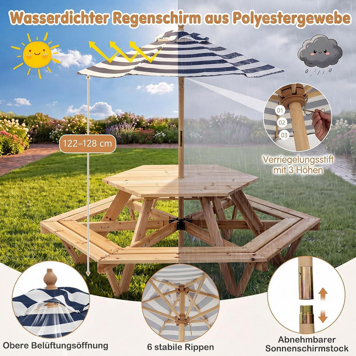 KINDER OUTDOOR-SITZGRUPPE mit Sonnenschirm natur - Naturfarben, Holz - COSTWAY