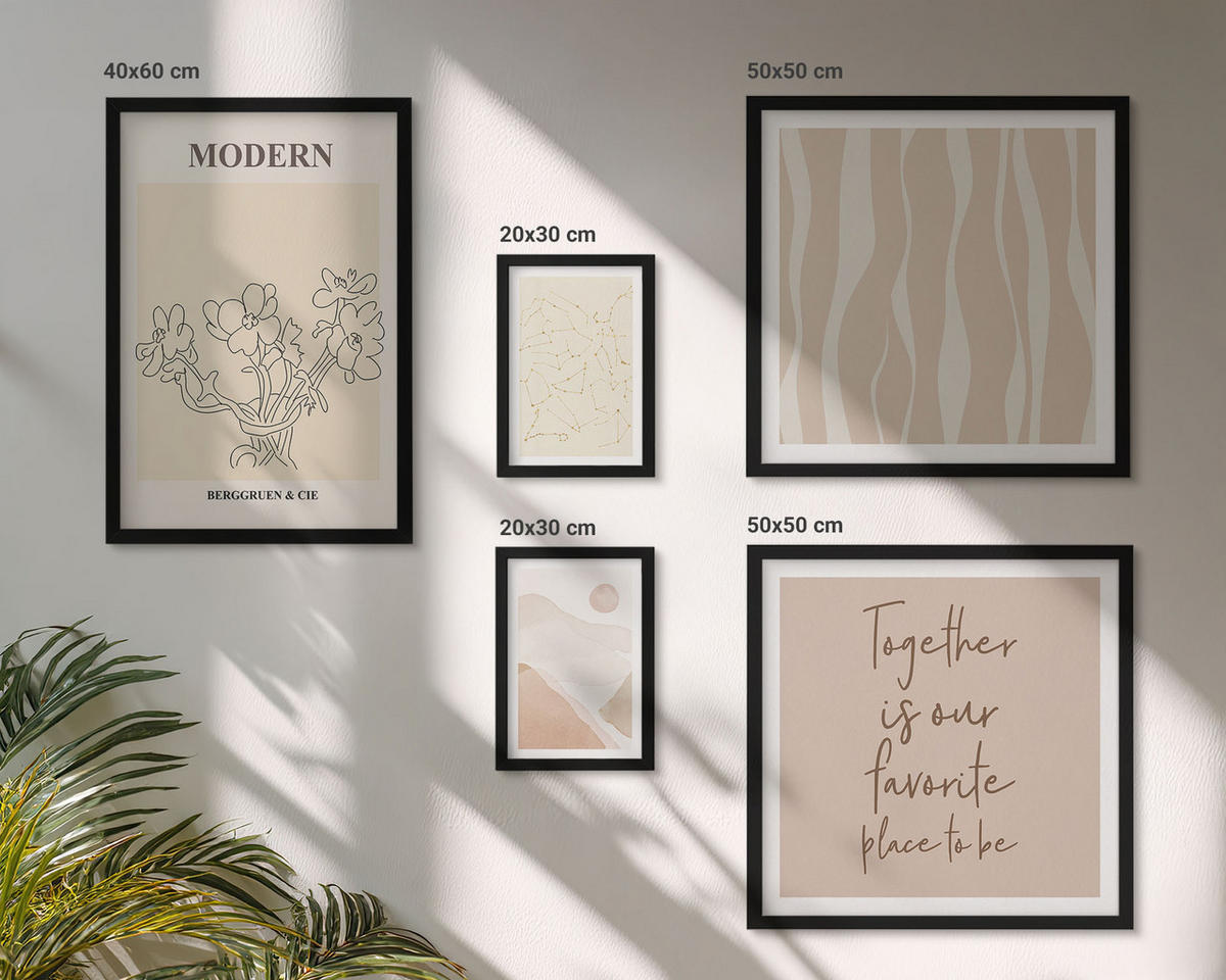 BILDER SET 5er Set - 50x50 cm & 20x30 cm & 40x60 cm Schwarzer Rahmen - Abstrakte Formen und Farben - Schwarz, Kunststoff (40/60cm) - TULUP