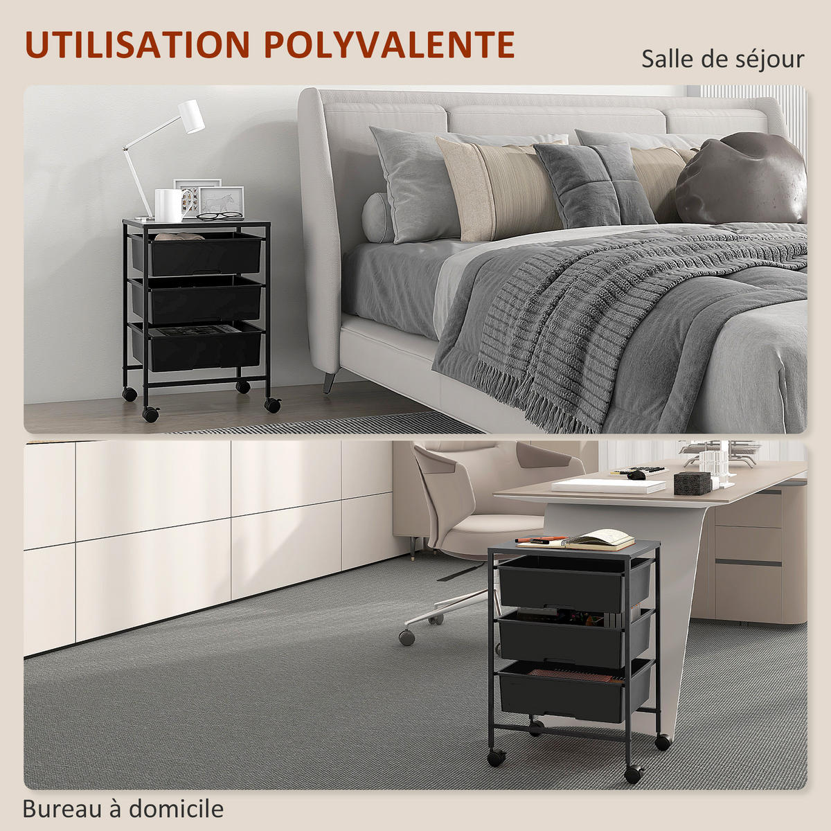 SERVIERWAGEN DE-12427 3 Körbe mit Plateau 41/34/61 cm Weiß - Schwarz, Metall (33.5/60.5/40.8cm) - ComfortXL