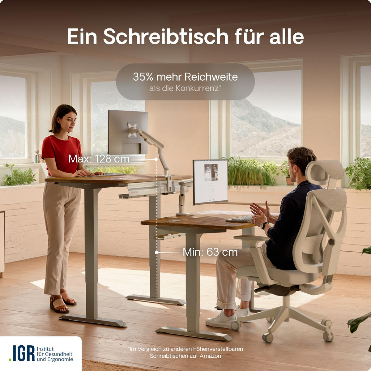 SCHREIBTISCH Elektrisch Höhenverstellbarer HomePro 180x80cm Grau/Massive Walnuss mit Memory-Funktion, Anti-Kollisions Technologie - Walnussfarben/Grau, Holz (80/180/63.5cm) - Desktronic