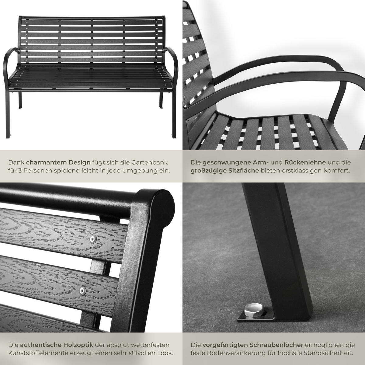 GARTENBANK Pino,126 x 62 x 81,5 cm,schwarz - Schwarz, Metall (62/81.5/126cm) - tectake