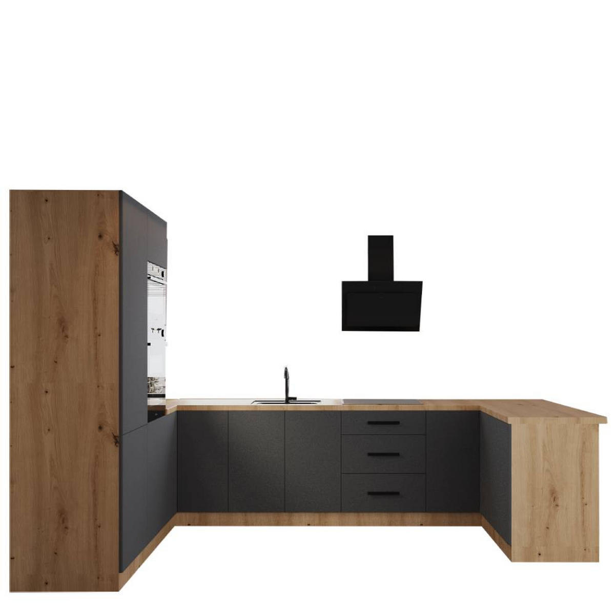 ECKKÜCHE 210 × 320 ×150 cm - Langen K103-M680 - in Grau / Matt - Schwarz/Grau, Holz/Holzwerkstoff (320/212/210cm)