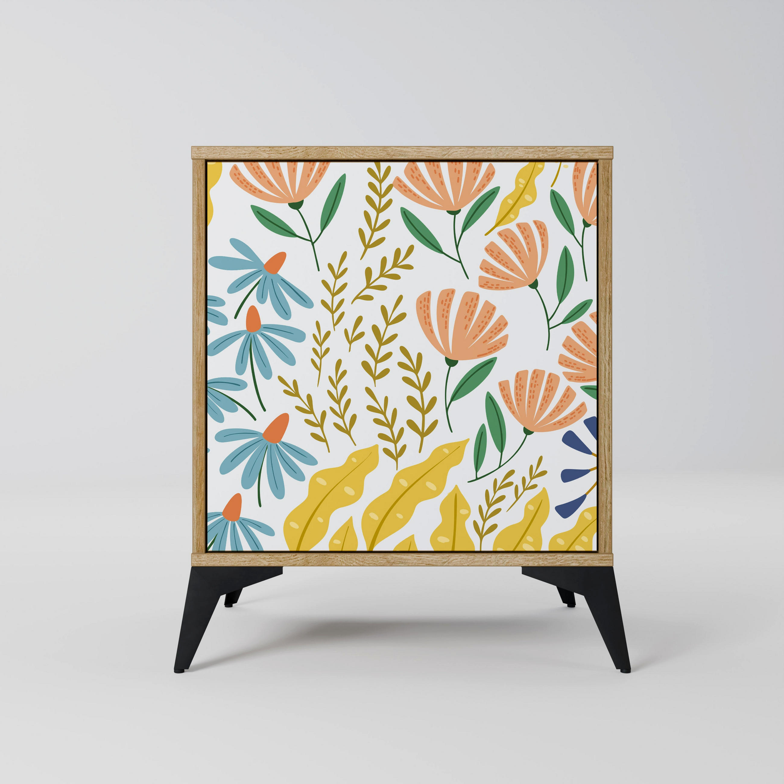 SIDEBOARD HELLO SPRING, Eichefarben, 57,5x42x70,5 cm, Schwarze Metall-Sternfüße - Eichefarben/Multicolor, Holzwerkstoff/Metall (57.5/70.5/42cm) - SpaceRebels