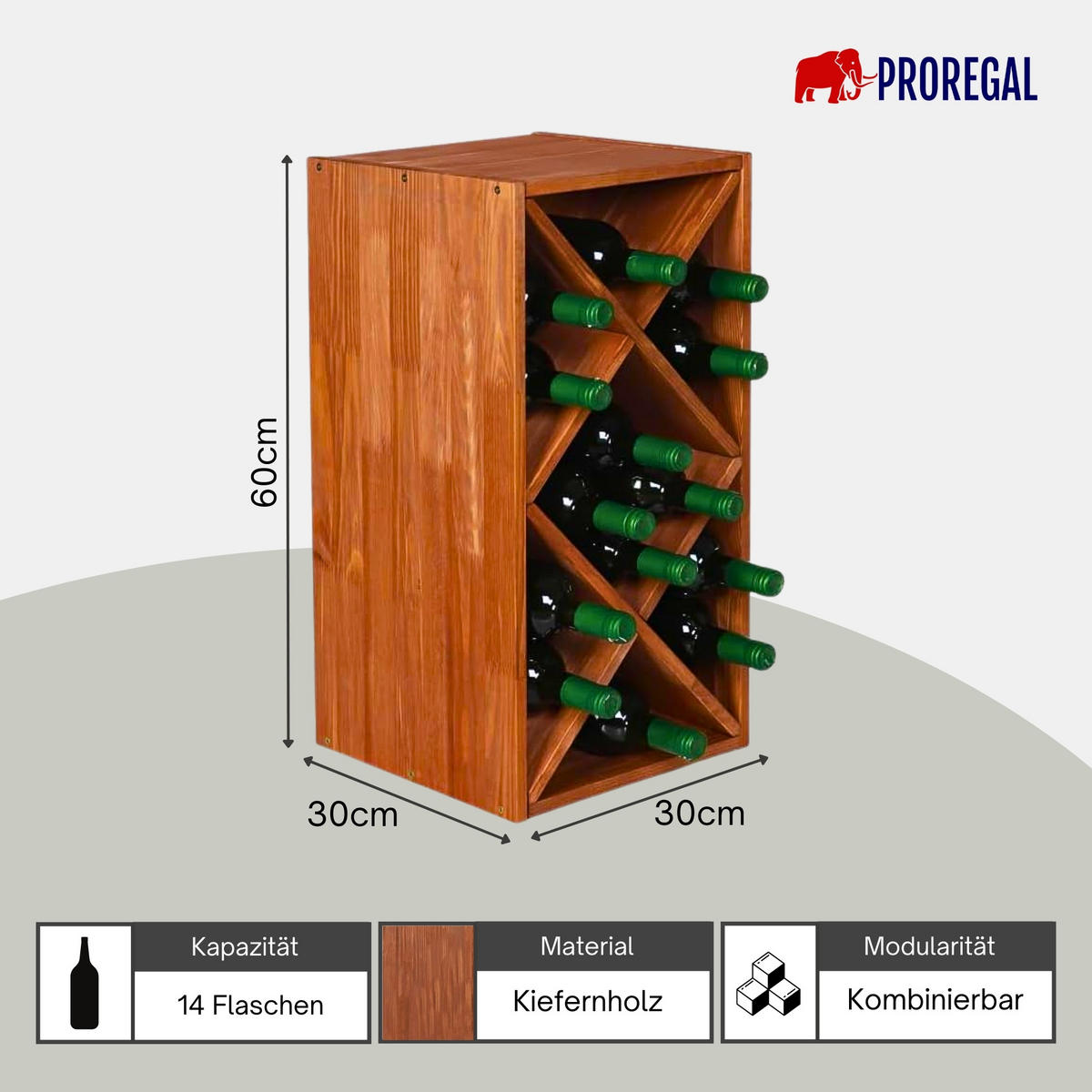 WEINREGAL Vincellar Mod 30x60x30 cm Rauten Modul Für 14 Flaschen Massives Kiefernholz Braun Geölt - Braun, Holz (30/30/60cm) - PROREGAL