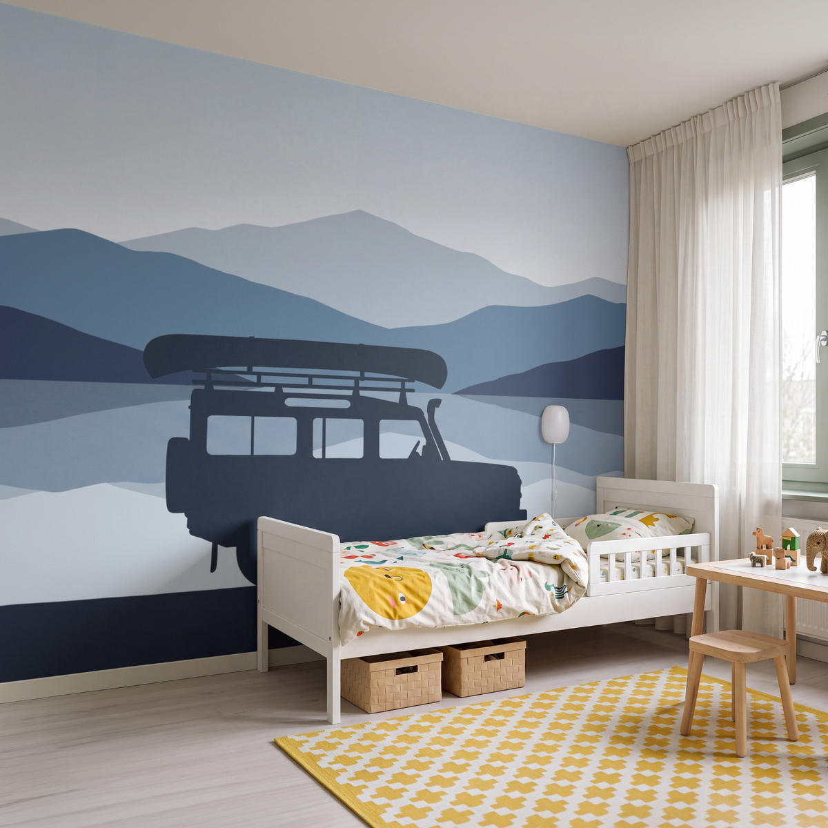 KINDERTAPETE - Auto - See - Berge - Blau - 350x260 cm - Blaugrau, Papier (350/260cm) - OnlyWow