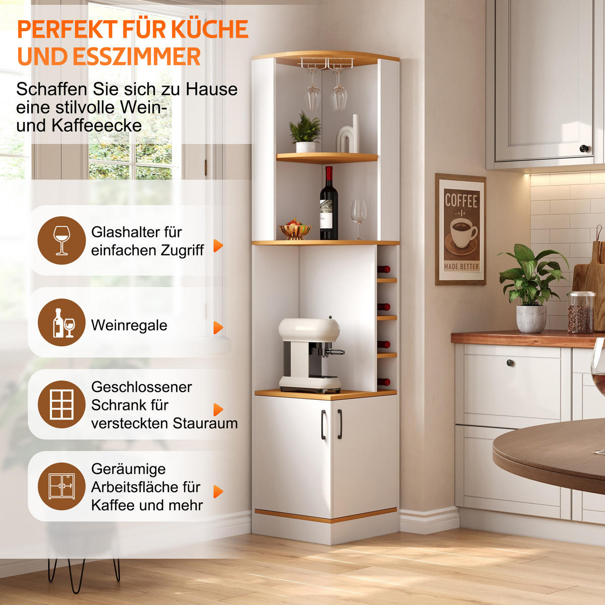 HIGHBOARD DE-38705 40/40/182 cm Weinglasregal und 4 Weinfächer Weiß - Weiß, Holzwerkstoff (40/182/40cm) - ComfortXL