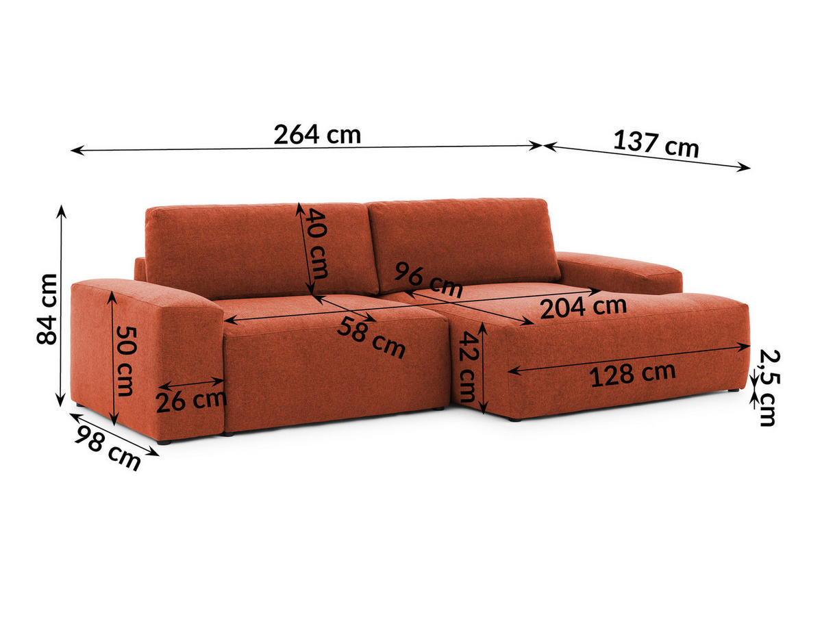 ECKSOFA Lennon aus Terrakotta Strukturstoff mit Schlaffunktion und Bettkasten - Terracotta/Schwarz, Holz/Kunststoff (264/137cm) - S-Style