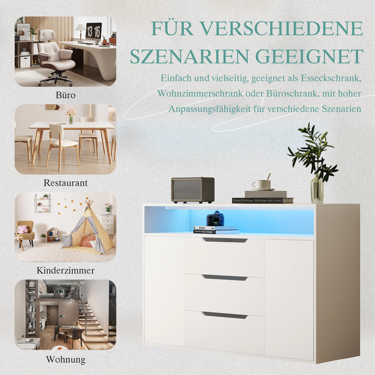SIDEBOARD Offenes Regal Schubladen Türen Stauraum Metallführungen abgerundet - Weiß, Holzwerkstoff/Metall (120/85/40cm) - EVRYAE