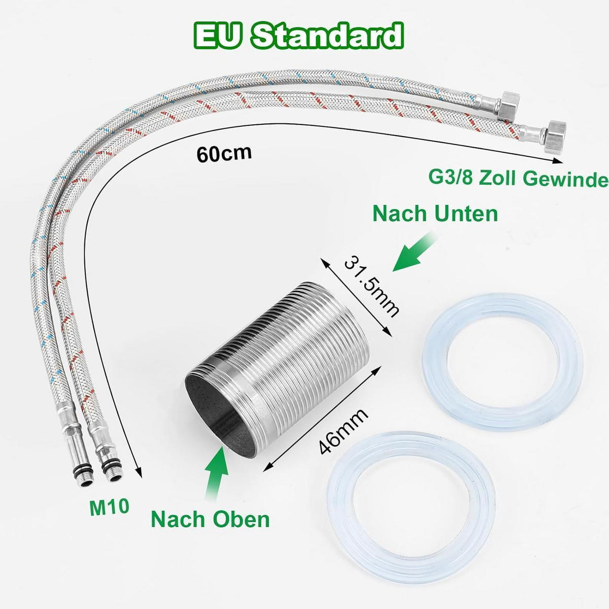 KÜCHENARMATUR 360° drehbar mit Schläuchen Edelstahl Hochdruck - Silberfarben, Metall (18/5/32cm)