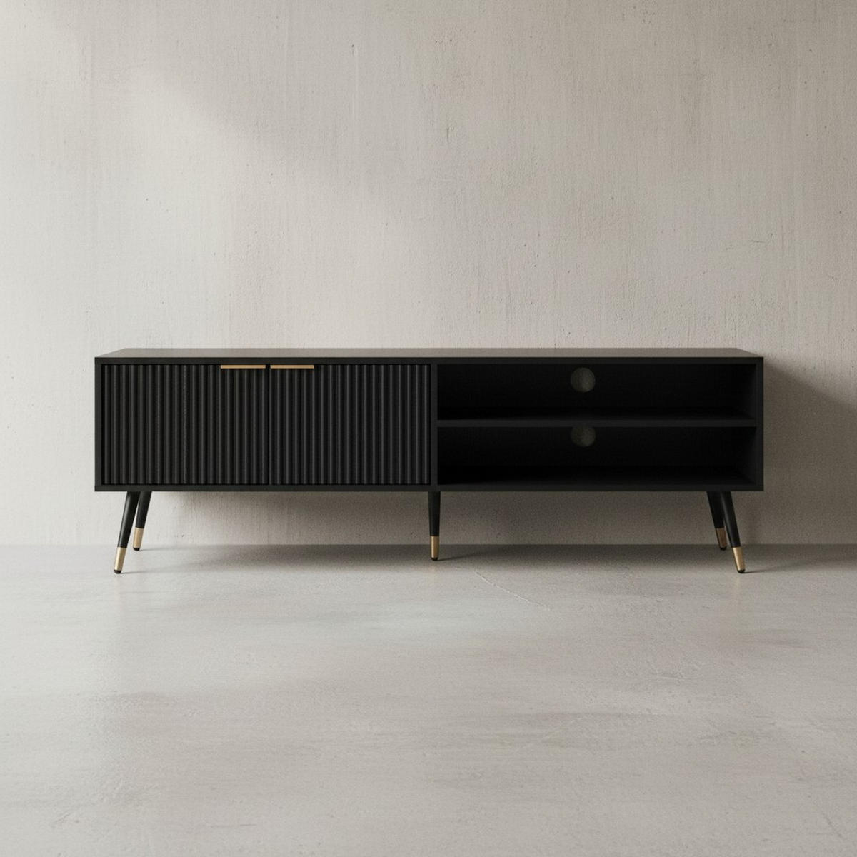 LOWBOARD Schwarz Eiche-Dekor Modern Stil 150x51x39 cm mit Türen und Ablagefächern - Goldfarben/Schwarz, Holzwerkstoff/Metall (150/51/39cm) - KADIMA DESIGN