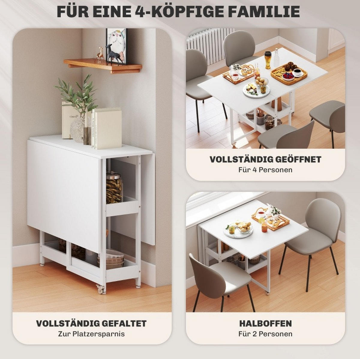 ESSTISCH 133,4/80/75 cm klappbar mit 2 offenen Ablagen und Rollen, Weiß - Weiß, Holz (133.4/80/75cm) - Redom
