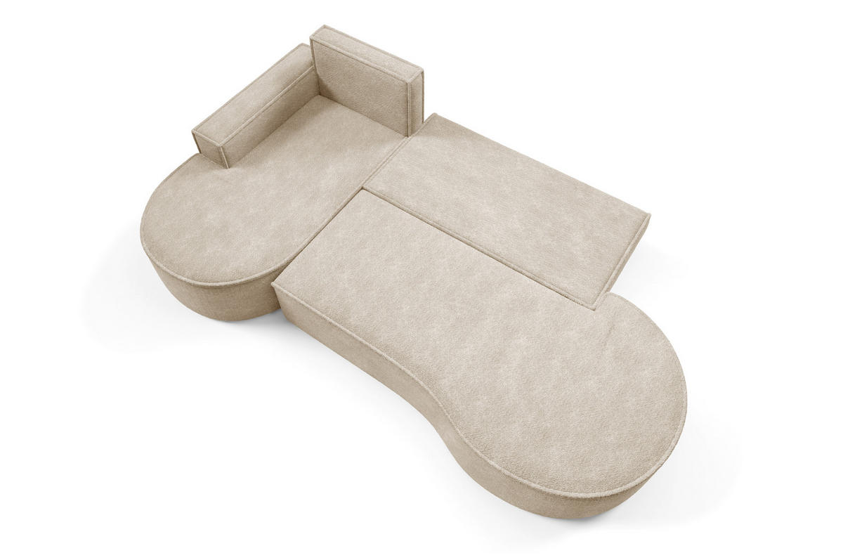 ECKSOFA MOLLY mit Schlaffunktion – Halbrund, freistehend, Liegefläche 140x207 cm, 3 Kissen, Abriamo-Stoff, 277x157x88 cm, Links Beige - Sandfarben, Holz/Textil (157/277cm) - DomoHome
