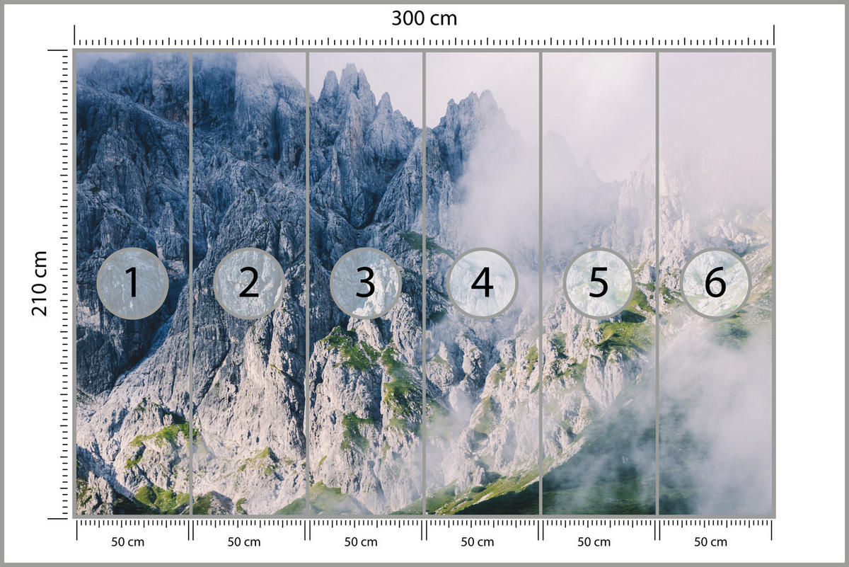 FOTOTAPETE für Wohnzimmer Felsige Berge Nebel Moos 300x210 - Blau/Weiß, Papier (300/210cm) - Muralo