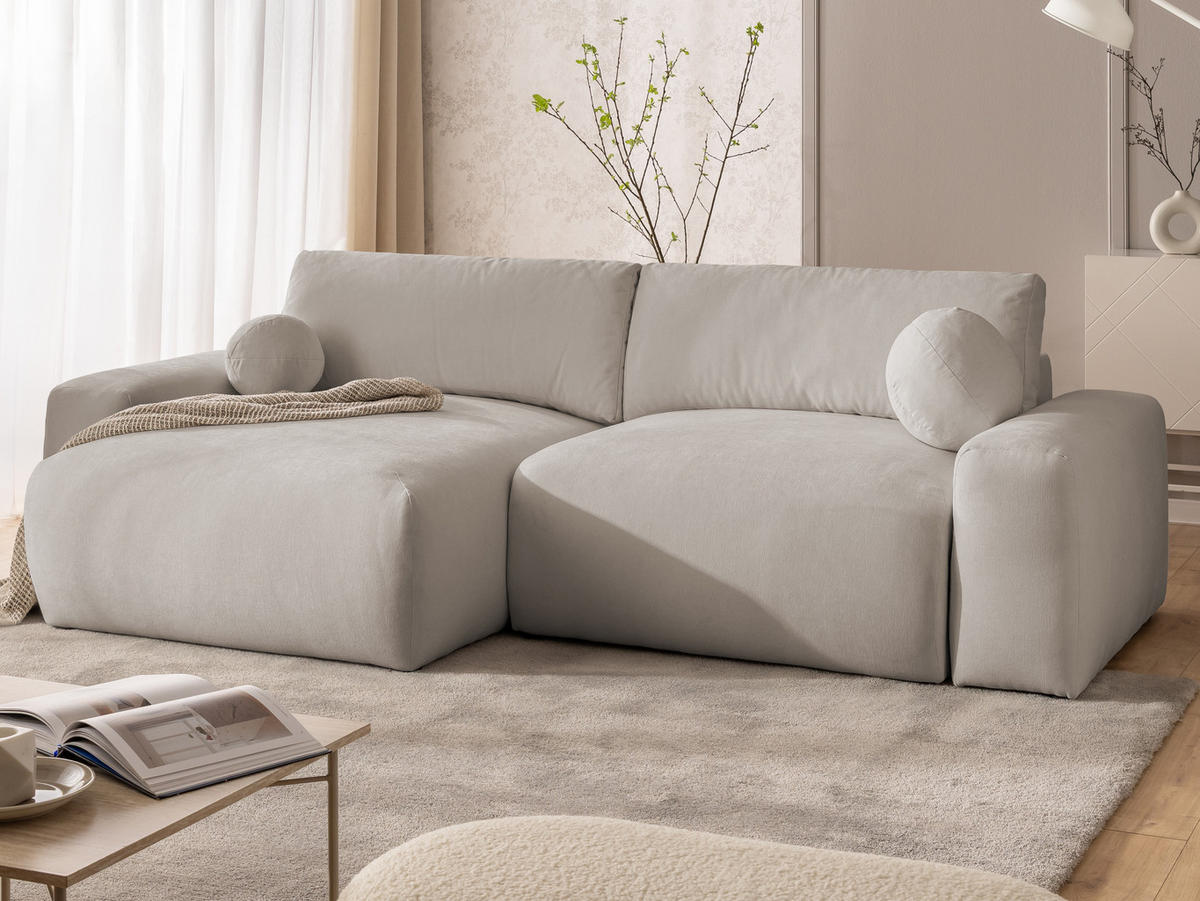 ECKSOFA Puffy mit Schlaffunktion und Bettkasten - besonders weich und puffig aus Beige Webstoff - Ottomane links - Beige/Schwarz, Holz/Kunststoff (138/266cm) - S-Style Möbel