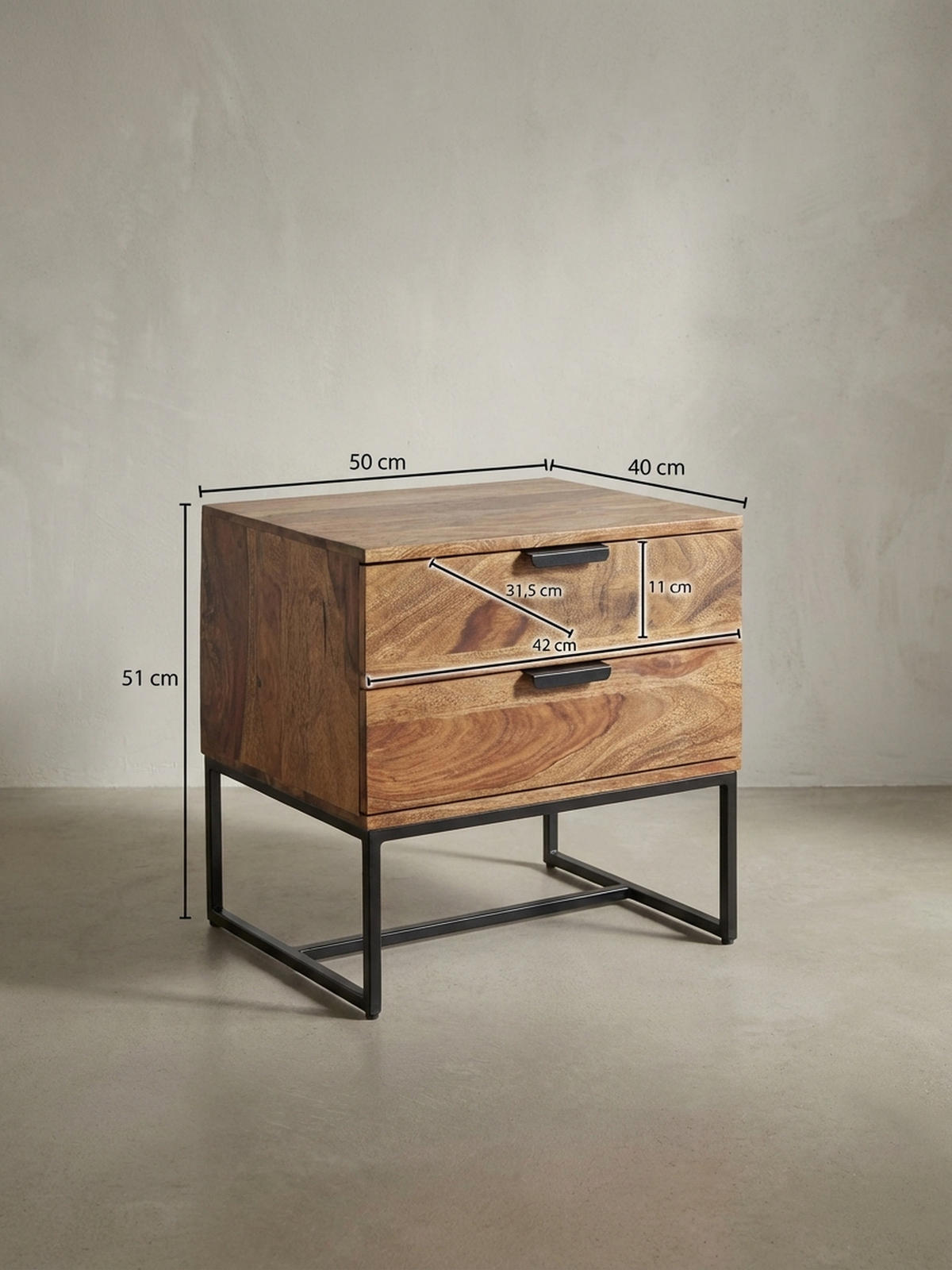 NACHTTISCH – Massivholz/Eisen, 50x40x51 cm, 2 Schubladen, Industrial-Stil - Schwarz/Braun, Holz/Metall (50/51/40cm) - KADIMA DESIGN