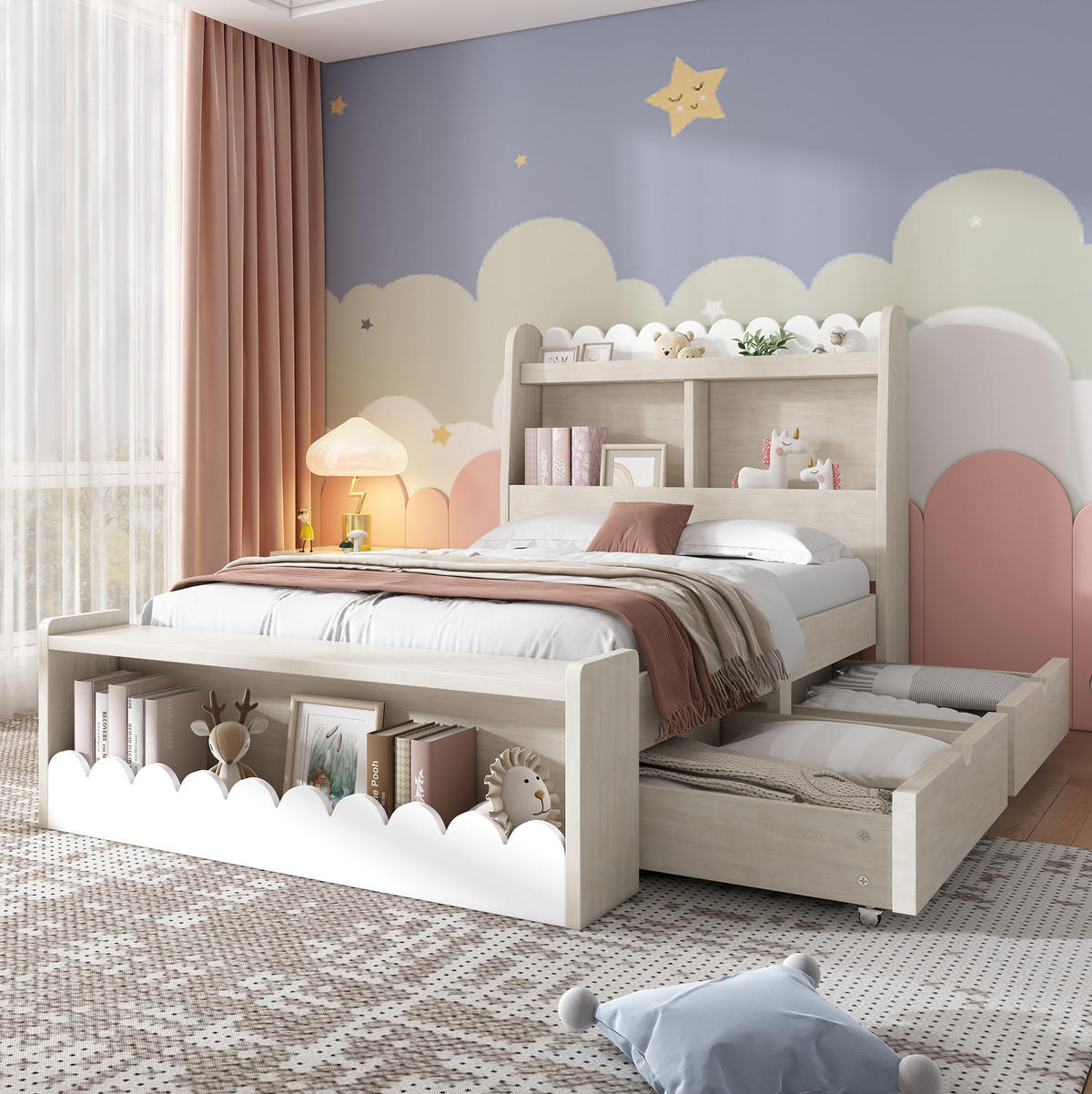 KINDERBETT 90/200 cm aus Massivholz und MDF mit Schubladen, Regal und Sitzbank Weiß/Eichefarben - Weiß, Holzwerkstoff (90/200cm) - Modenvie
