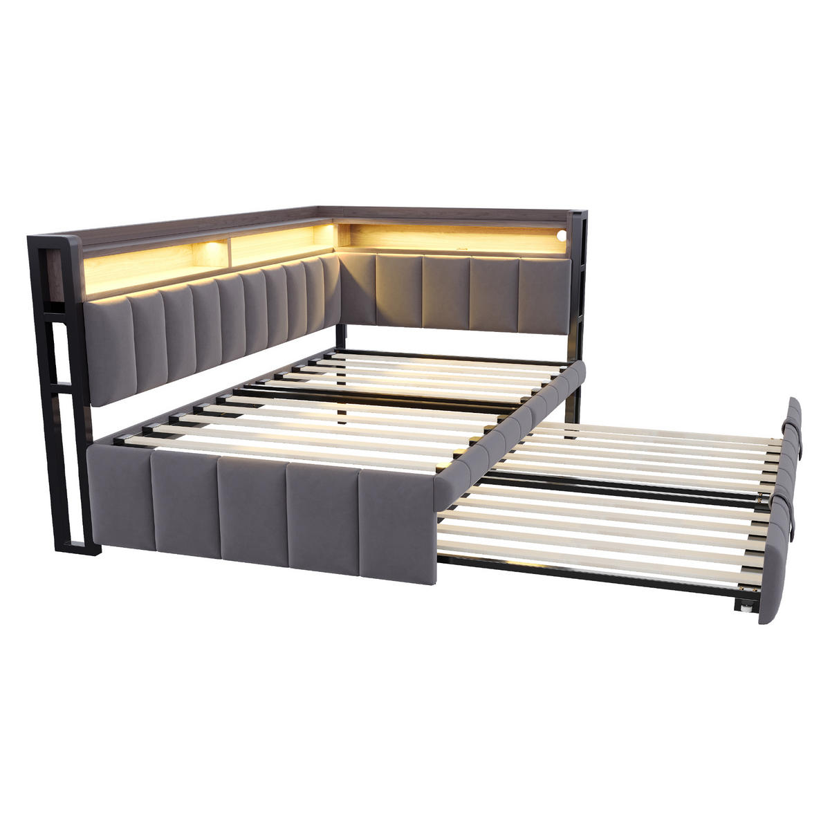 AUSZIEHBETT 90/200 cm ausziehbar mit LED und USB, DE-41717, in Dunkelgrau - Grau, Metall (90/200cm) - ComfortXL