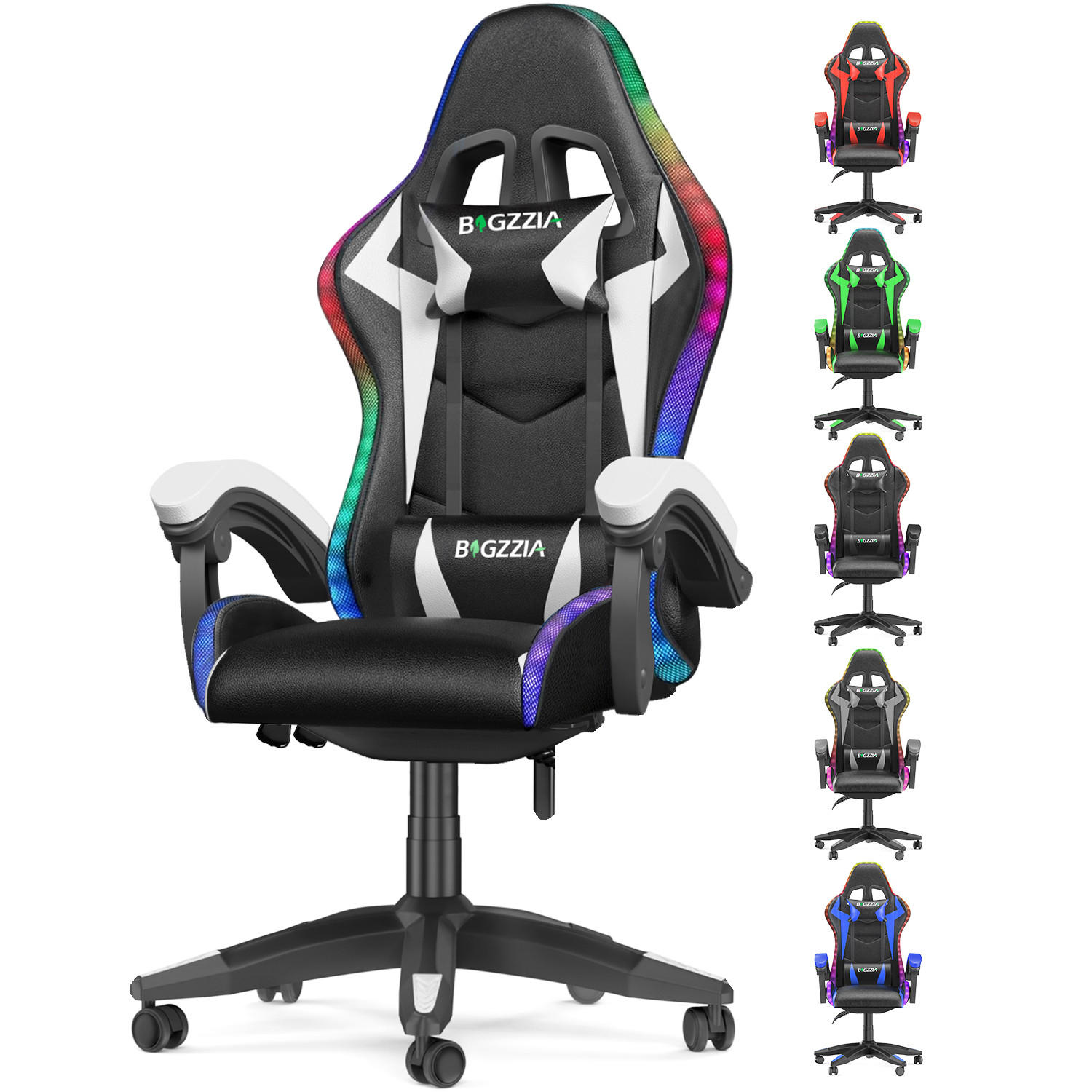 GAMINGSTUHL Schwarz-Weiß Racing Ergonomisch mit LED-Licht - Weiß, Leder (29/59/79cm) - Rattrix