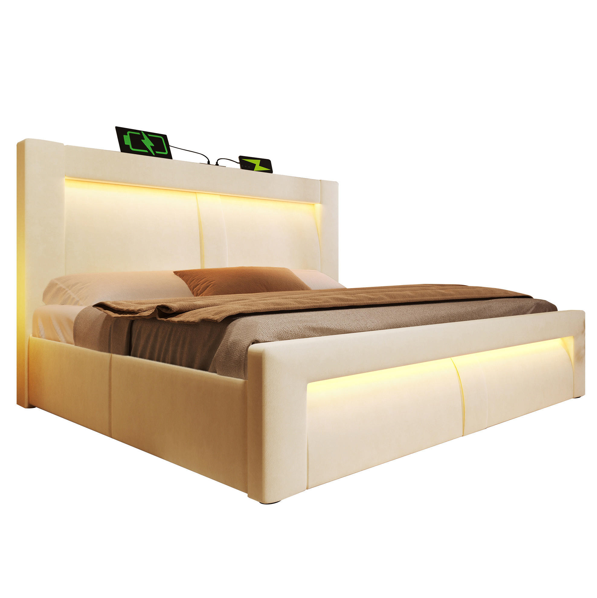 POLNJENA postelja iz žameta 160x200 cm bež s hidravličnim prostorom, LED osvetlitvijo, USB in Type-C priključki - bež, tekstil (160/200cm) - Modfu