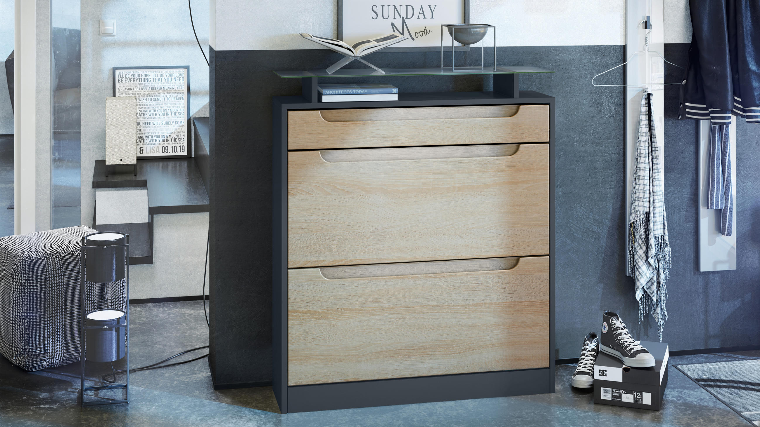 SCHUHSCHRANK Fiesta Fronten in Eiche sägerau, Griffmulden in Eiche sägerau - Eiche San Remo, Holzwerkstoff (89/104/23cm) - Vladon
