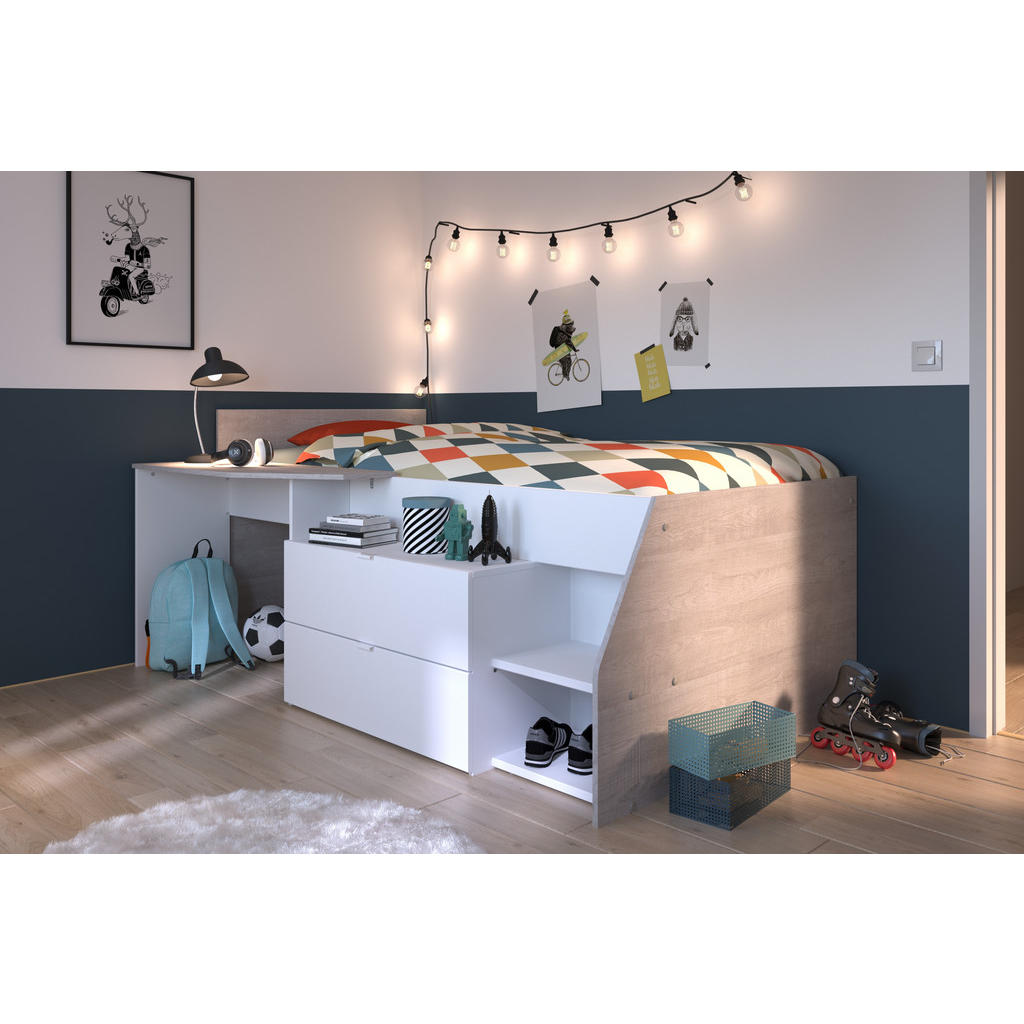 Thumbnail - Parisot Meuble Hochbett, Weiß, Hellgrau, Holz, 1-Sitzer, 2 Schubladen, 90x200 cm, Kinder- & Jugendzimmer, Kindermöbel, K...