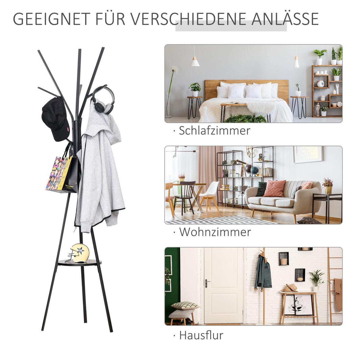 GARDEROBENSTÄNDER mit 8 Haken 45 x 45 x 180 cm Metall Holz Schwarz - Schwarz, Holzwerkstoff (45/180/45cm) - Beauniv