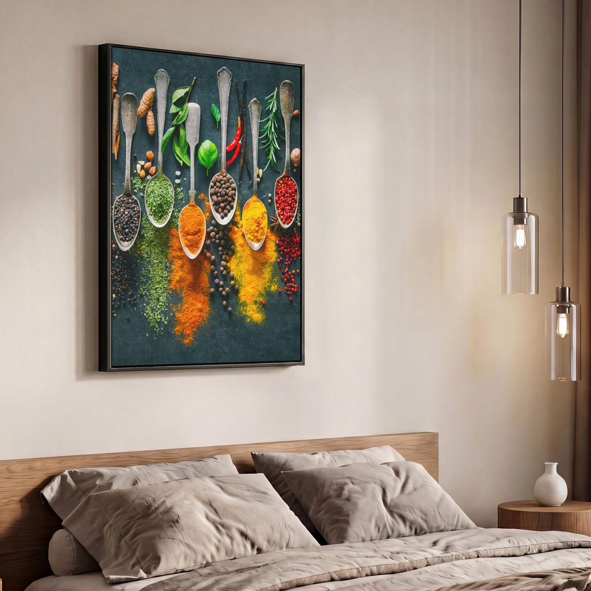 LEINWAND Bilder mit Rahmen - Kräuter - Gewürze - Löffel - 70x100 - Currygelb, Textil (70/100cm) - MuchoWow