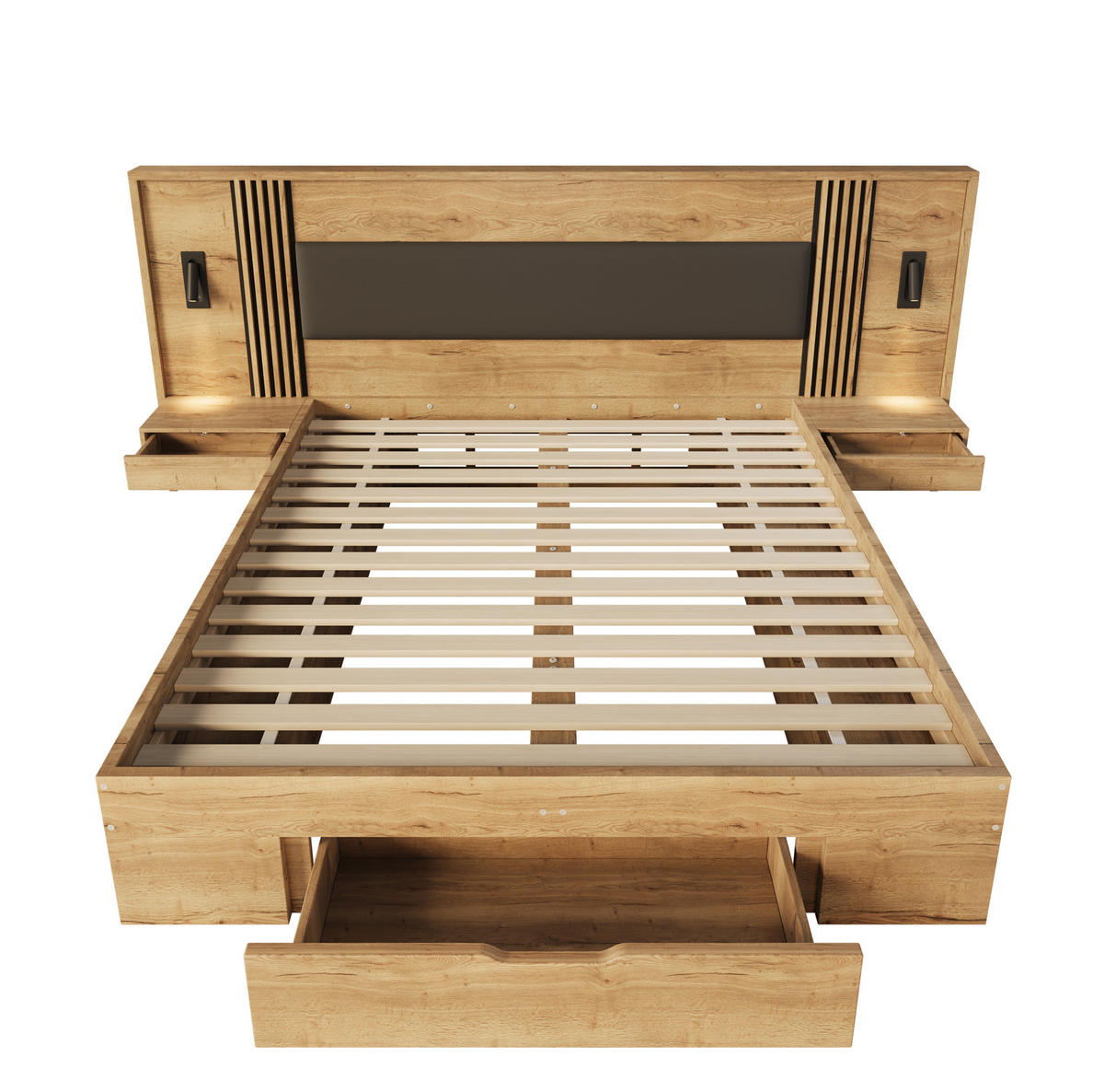 DOPPELBETT 160/200 cm mit 5 Staufächern, 2 Nachttischen, Leselampen und gepolstertem Kopfteil aus MDF, Natur - Naturfarben, Holzwerkstoff (160/200cm) - Redom