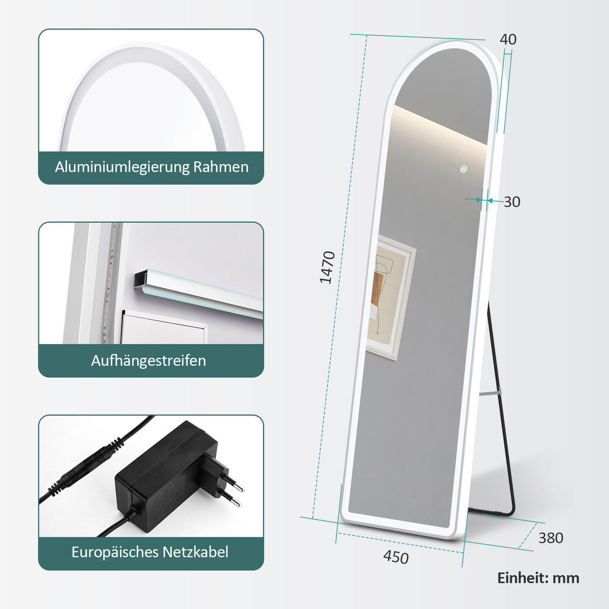 STANDSPIEGEL mit Beleuchtung und Rahmen weiß 147/45 cm - Weiß, Glas/Metall (45/147/147cm) - EMKE