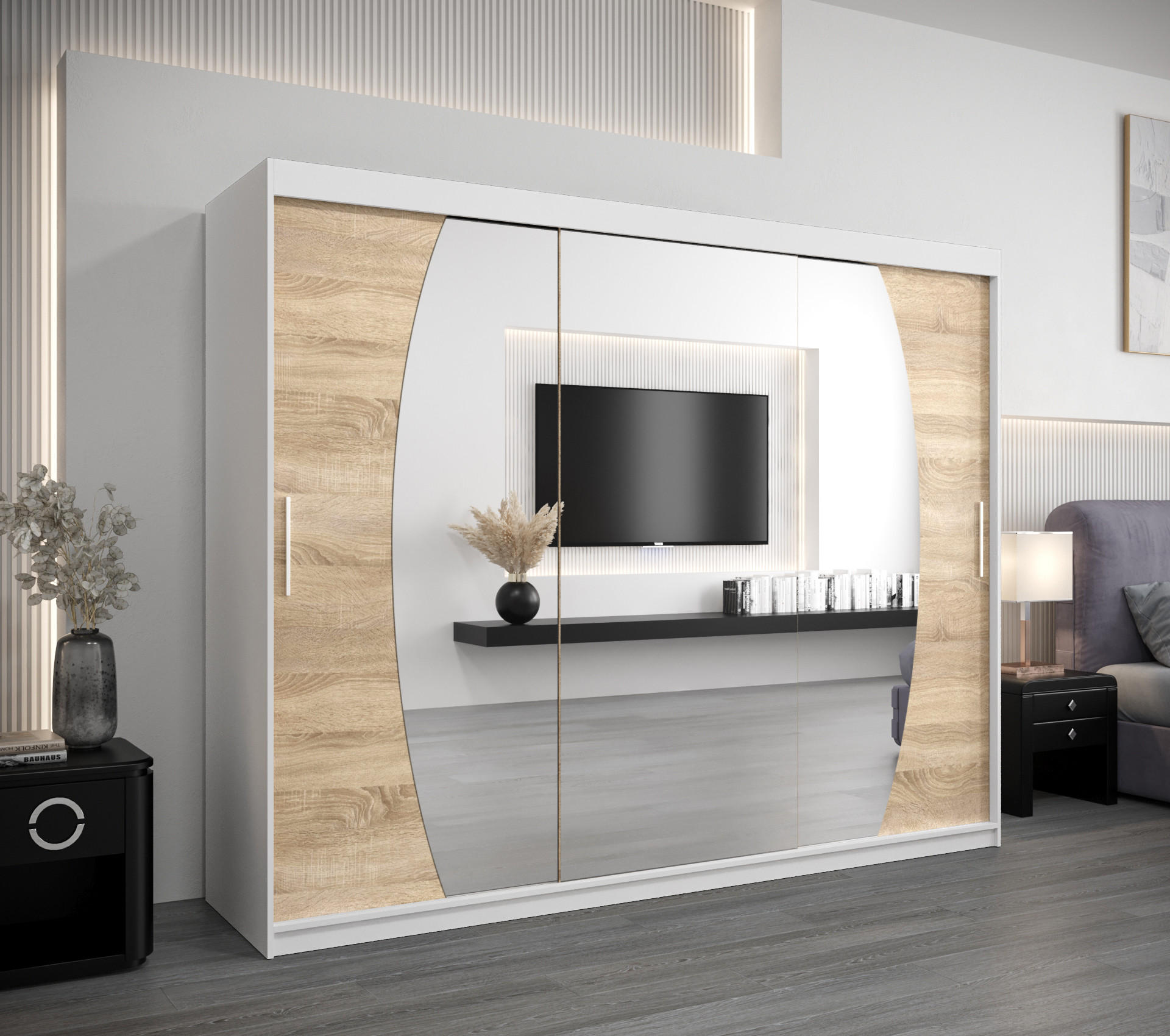 SCHWEBETÜRENSCHRANK 200/250/62 3-türig - Silberfarben/Weiß, Holz/Kunststoff (250/200/62cm) - Abiks Möbel