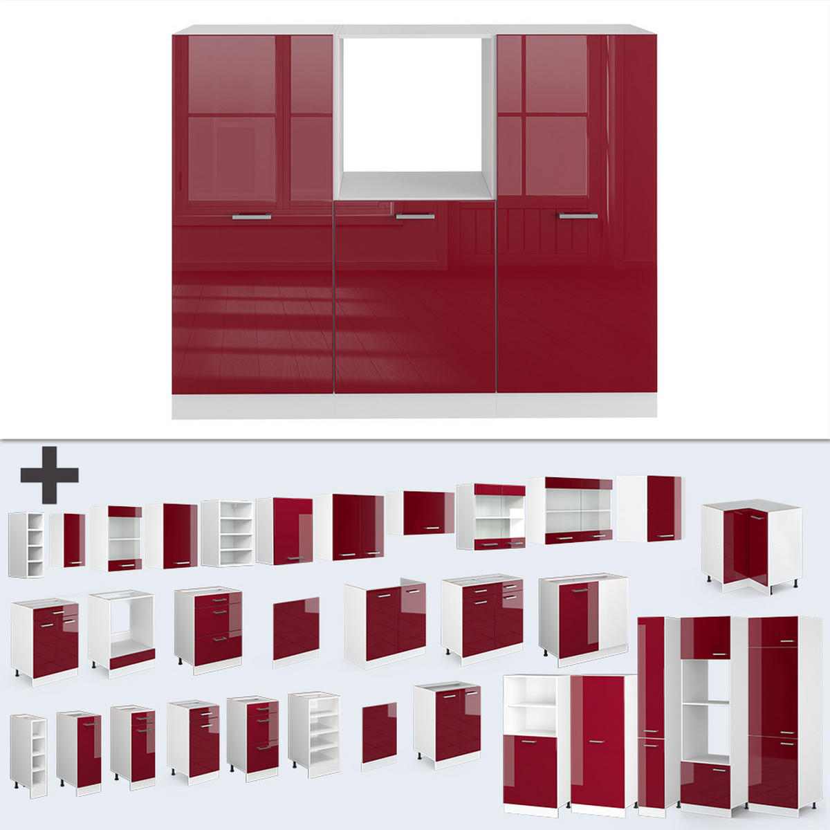 KÜCHENBLOCK R-Line Rot Hochglanz/Weiß 180 cm ohne Arbeitsplatte - Rot/Weiß, Holzwerkstoff (180/81.6/46cm) - Vicco