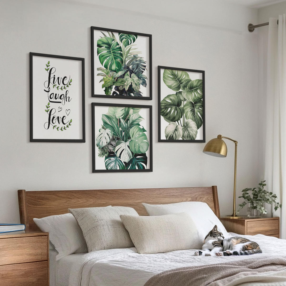 WANDBILDER 4er-Set - 50x50 cm & 40x60 cm Schwarzer Rahmen - Blattpflanzen leben, lachen, lieben - Schwarz, Kunststoff (50/50cm) - ArtPrintCave