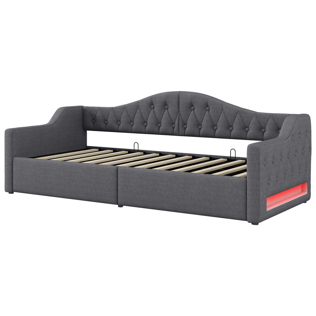 POLSTERBETT 90/200 cm Grau mit LED-Beleuchtung und Stauraum aus Leinen - Grau, Holzwerkstoff (90/200cm) - OKWISH