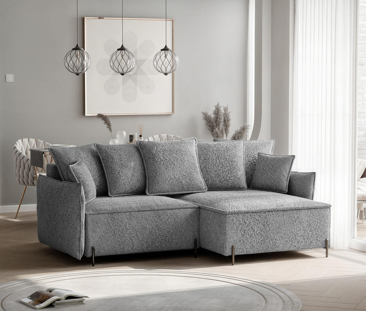 ECKSOFA MARCO Rechts, mit Schlaffunktion und Bettkasten, Hellgrau - Hellgrau, Textil/Metall (221/148cm) - Idohome