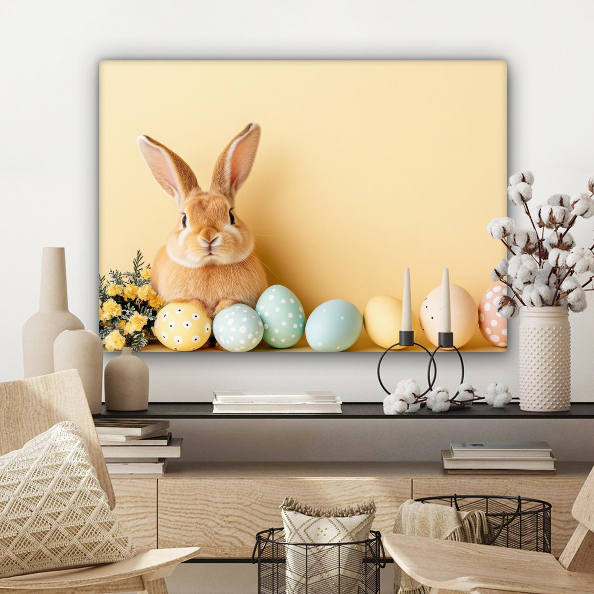 LEINWANDBILD Eier - Kaninchen - Pastellfarbtöne Wandbilder 80x60 cm - Hellgelb, Textil (80/60cm) - MuchoWow