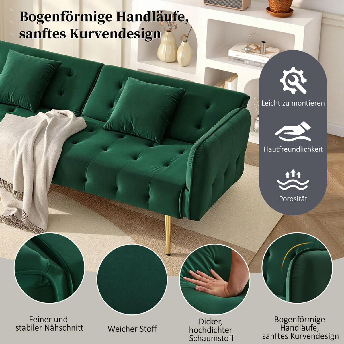 ROZKLADACIA pohovka s lôžkom zo zamatu, 215/81,5 cm zelená, s polohovateľným operadlom a podrúčkami - zelená, textil (82/70/178cm) - BEAOK