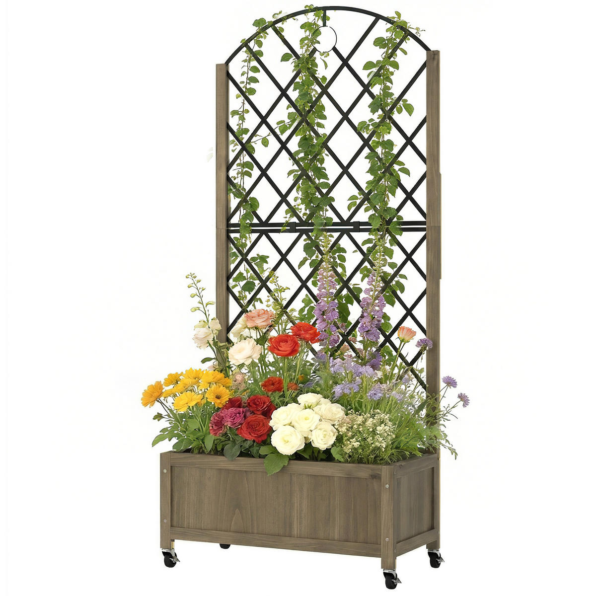 HOCHBEET DE-12293 mit Rankgitter auf Rollen, 72/36/168 cm Carbonisiert - Braun, Holz (72/168/36cm) - ComfortXL
