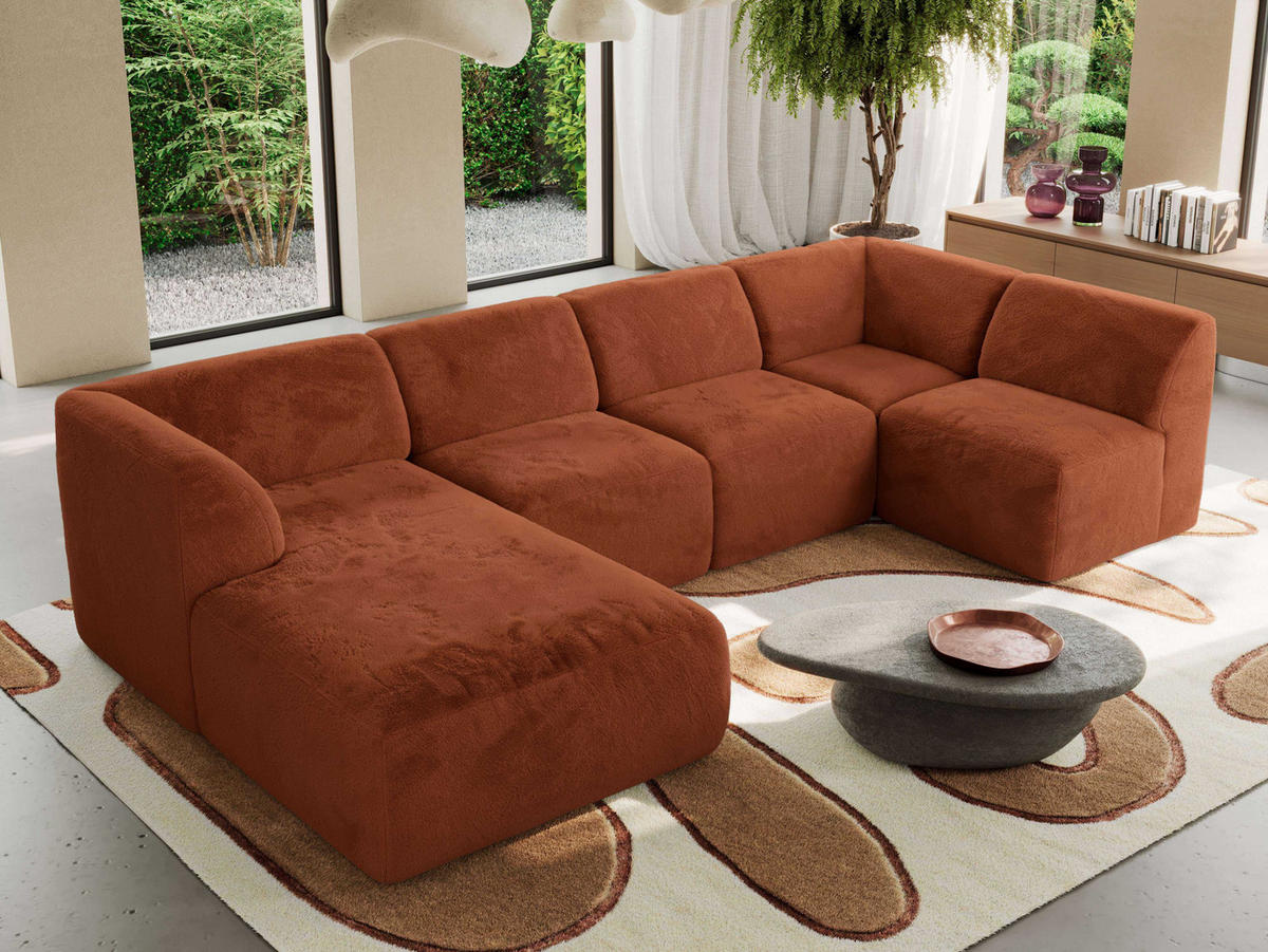WOHNLANDSCHAFT MODARO U 6M - Orange Plüsch - Links - Schwarz/Orange, Textil (180/78/345cm) - MKS