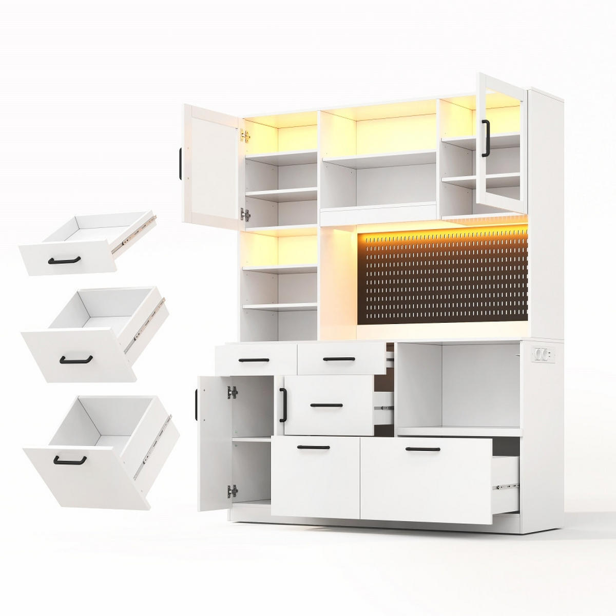 KÜCHENSCHRANKBUFFETSCHRANK MIT STECKDOSE UND LED-BELEUCHTUNG, MDF Weiß, Kaffeestation, 145/185/40 cm - Weiß, Kunststoff (40/185/145cm) - Rolipo