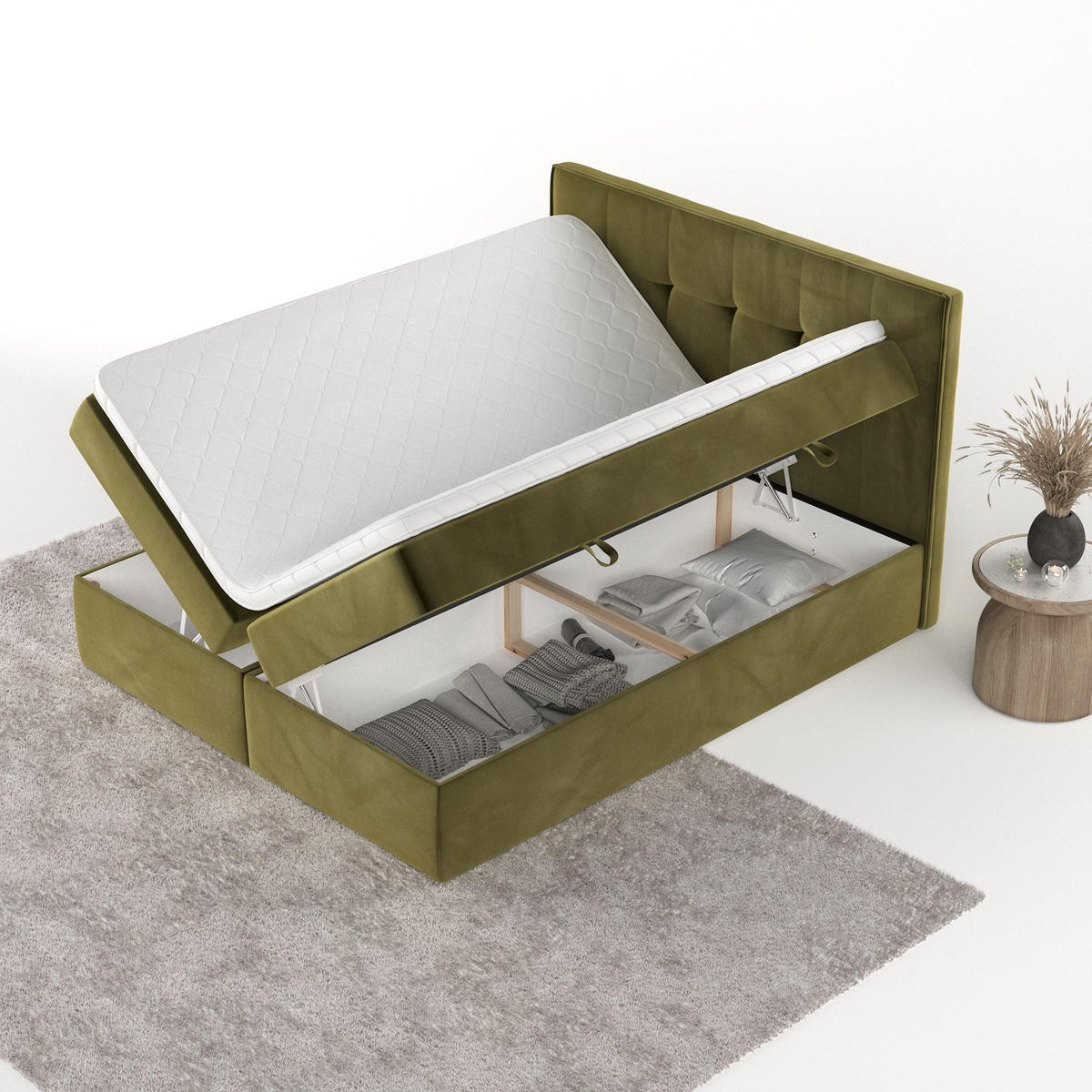 BOXBETT Mireo 140/200 cm Olivgrün im Kronos Stoff - Schwarz/Olivgrün, Holz/Holzwerkstoff (140/200cm) - AltaBeds