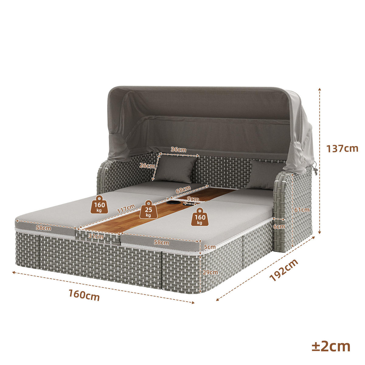 LOUNGESET Beige/Grau Mit Sonnenschutz & Pavillon - Grau, Textil (160/137/192cm) - FLIEKS