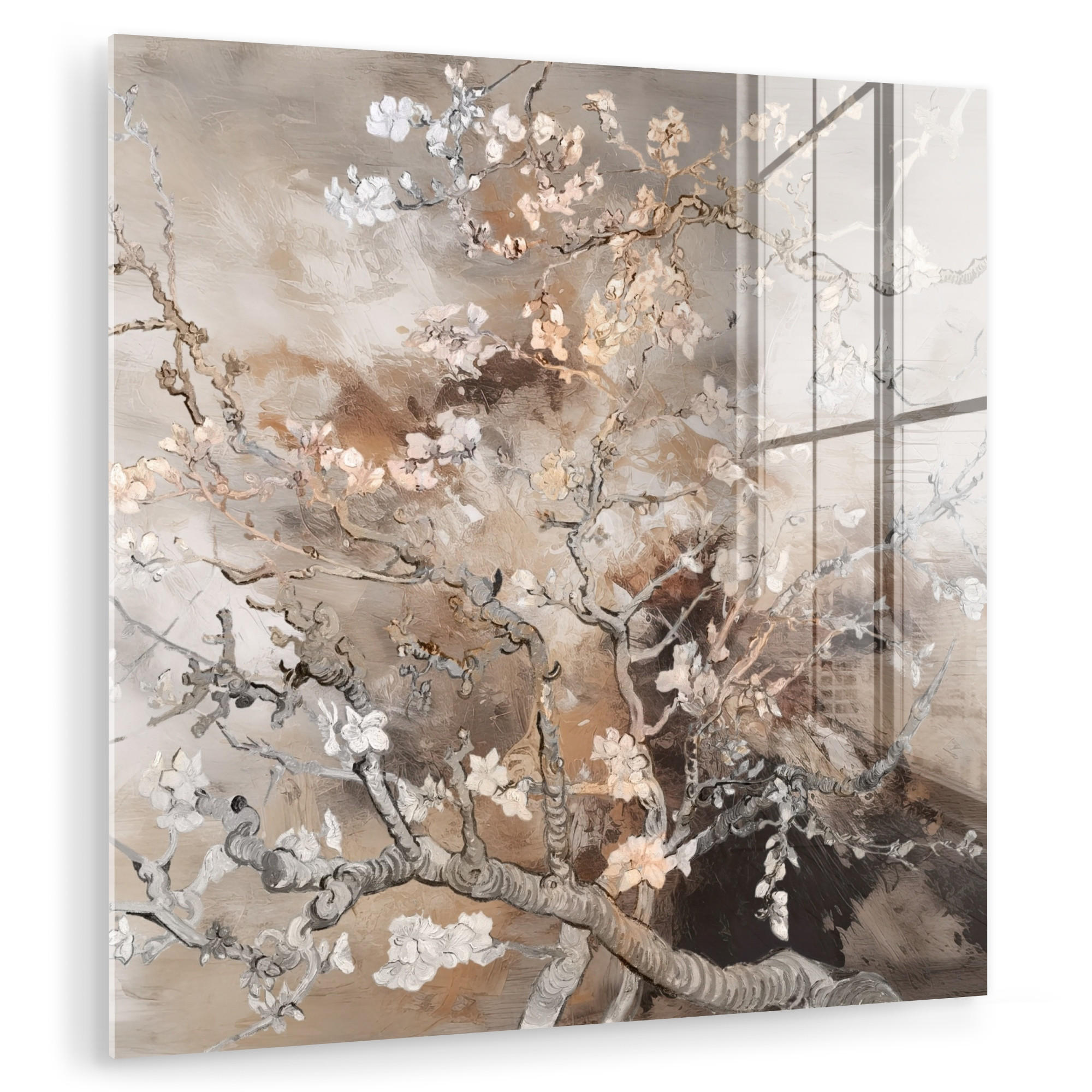 ACRYLGLASBILD Mandelblüte - Kunst - Van Gogh - Beige - Abstrakt 90x90 cm - Braun, Glas (90/90cm) - MuchoWow