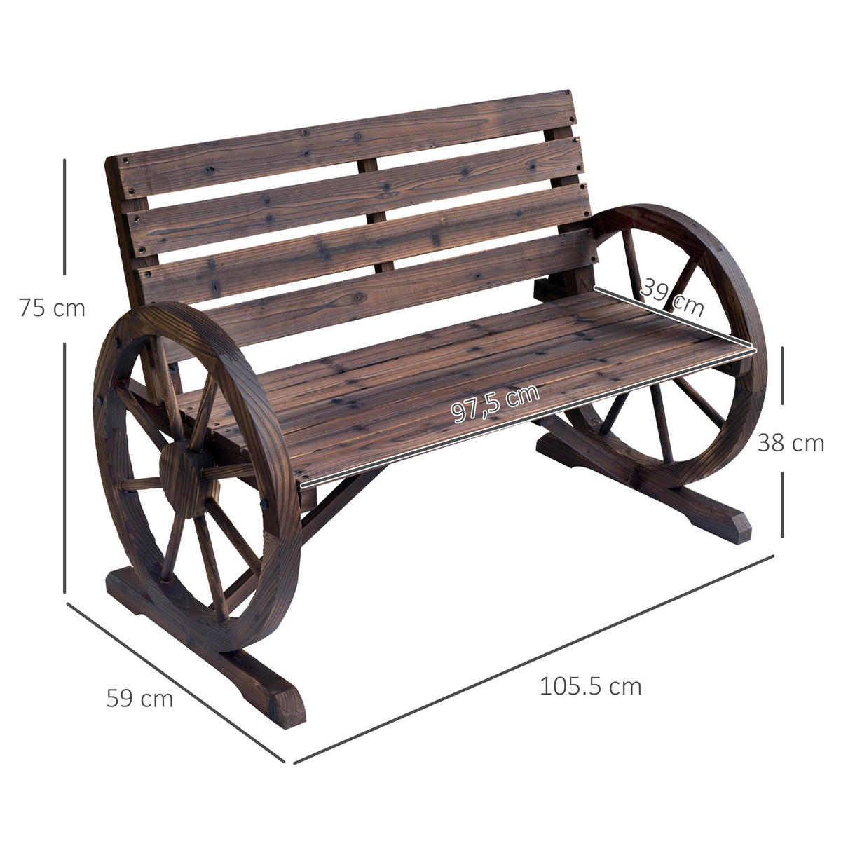 GARTENBANK DE-17756 3-Sitzer mit Wagenrädern & Lattenrost Carbonisiert - Braun, Holz (105.5/75/59cm) - ComfortXL
