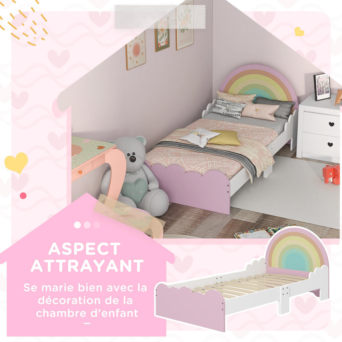 KINDERBETT 140x70 cm DE-14552 mit Regenbogen-Design, inkl. Lattenrost Rosa - Pink, Holzwerkstoff (70/140cm) - ComfortXL