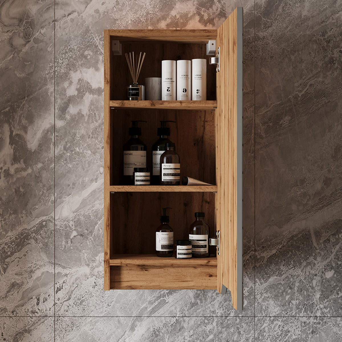 BADSCHRANK Lotta Eiche/Grau mit Kachelstruktur 20 x 72.6 cm - Grau, Holzwerkstoff (20/72.6/33cm) - Vicco