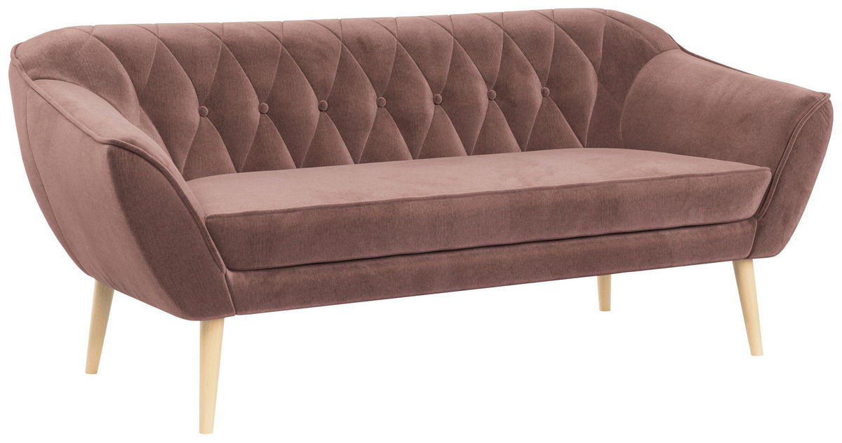 SOFA Pirs 3 Sitzer Velvet Rosa - Rosa/Braun, Holz/Textil (180/75/74cm) - MKS