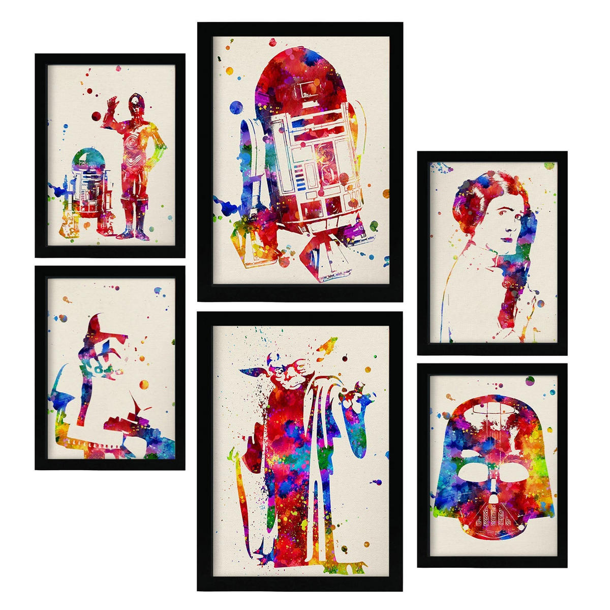 POSTER Set Mit 6 Star Wars Aquarell Illustrationen Klassischer Science Fiction Geschichten Und Filme Innenarchitektur A3 & A4 Schwarzer Rahmen - Schwarz, Papier (29/3cm) - Nacnic