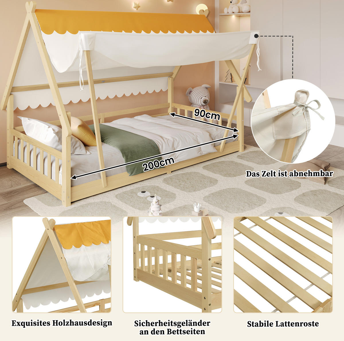 KINDERBETT 90/200 cm in Hausform mit Zelt und Sicherheitsgeländer - Weiß, Holz (90/200cm) - BEAOK
