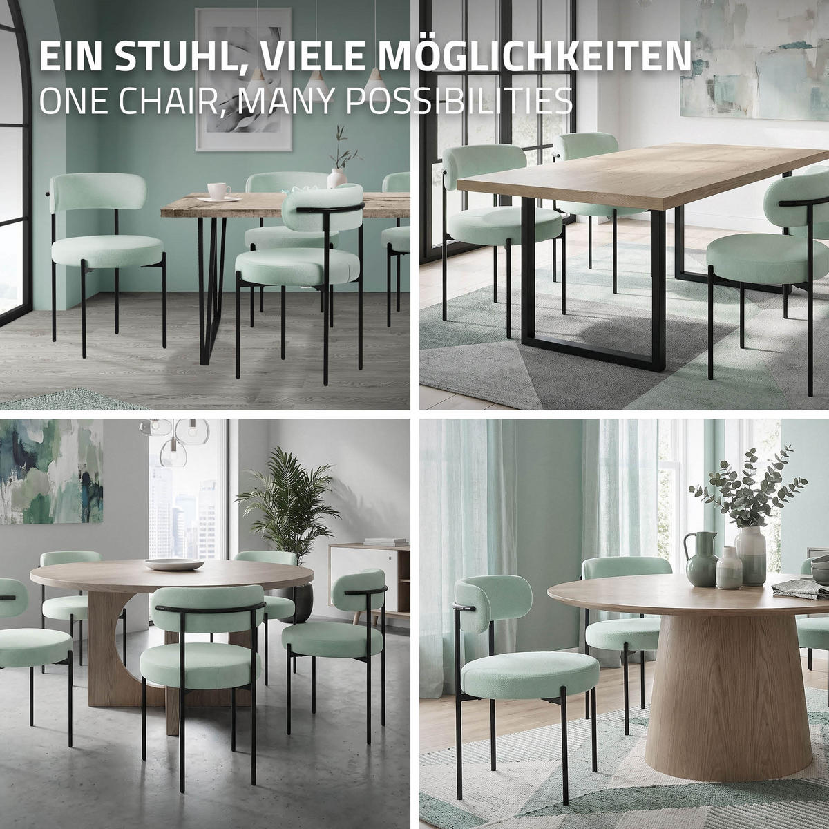 ESSZIMMERSTÜHLE 4ER-SET Grün Teddystoff - Schwarz/Grün, Metall (53/78/50cm) - ML-DESIGN